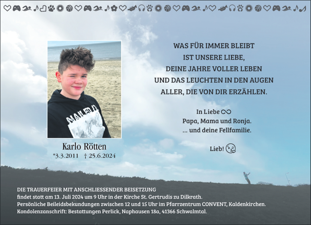  Traueranzeige für Karlo Rötten vom 07.07.2024 aus trauer.extra-tipp-moenchengladbach.de