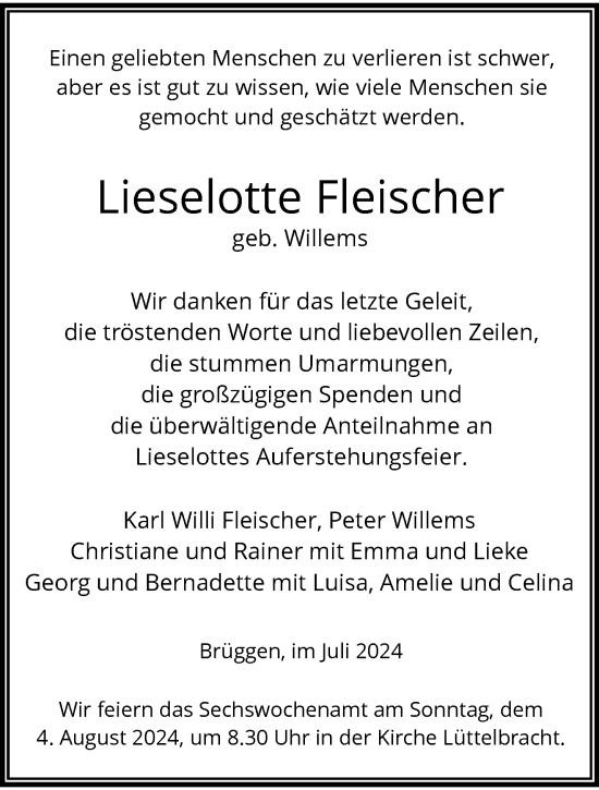 Traueranzeige von Lieselotte Fleischer von trauer.extra-tipp-moenchengladbach.de