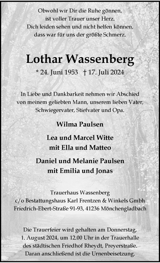 Traueranzeige von Lothar Wassenberg von trauer.extra-tipp-moenchengladbach.de