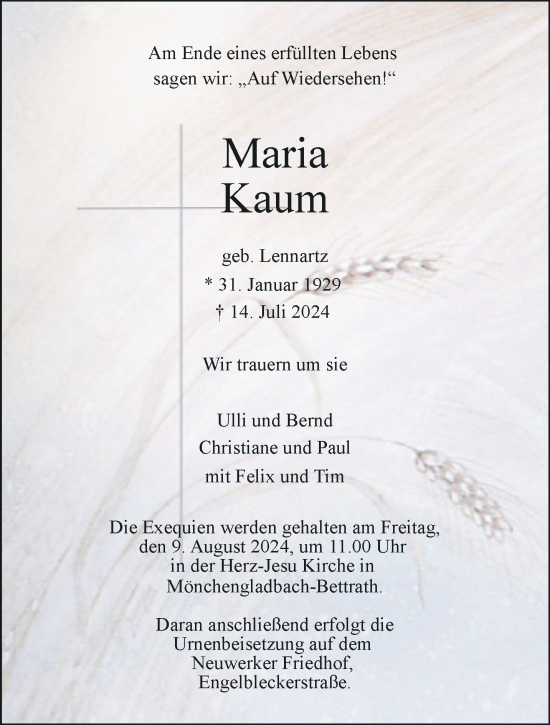 Traueranzeige von Maria Kaum von trauer.extra-tipp-moenchengladbach.de