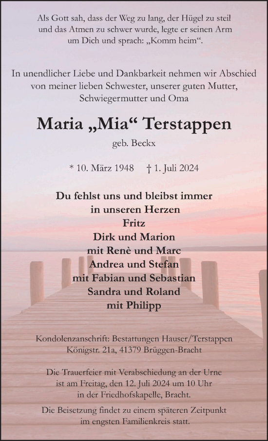 Traueranzeige von Maria Terstappen von trauer.extra-tipp-moenchengladbach.de