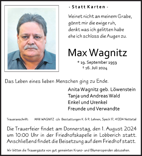 Traueranzeige von Max Wagnitz von trauer.extra-tipp-moenchengladbach.de