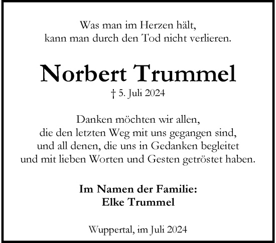 Traueranzeige von Norbert Trummel von trauer.wuppertaler-rundschau.de