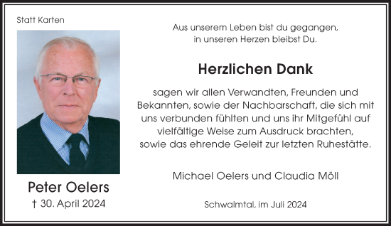 Traueranzeige von Peter Oelers von trauer.extra-tipp-moenchengladbach.de