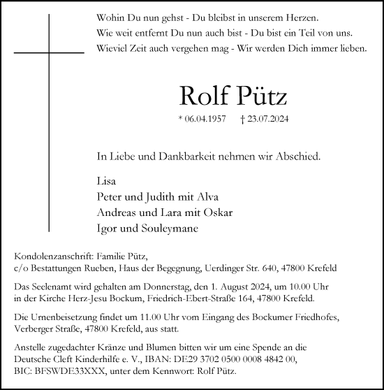 Traueranzeige von Rolf Pütz von trauer.extra-tipp-moenchengladbach.de