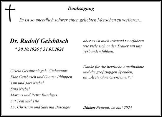 Traueranzeige von Rudolf Geisbüsch von trauer.extra-tipp-moenchengladbach.de