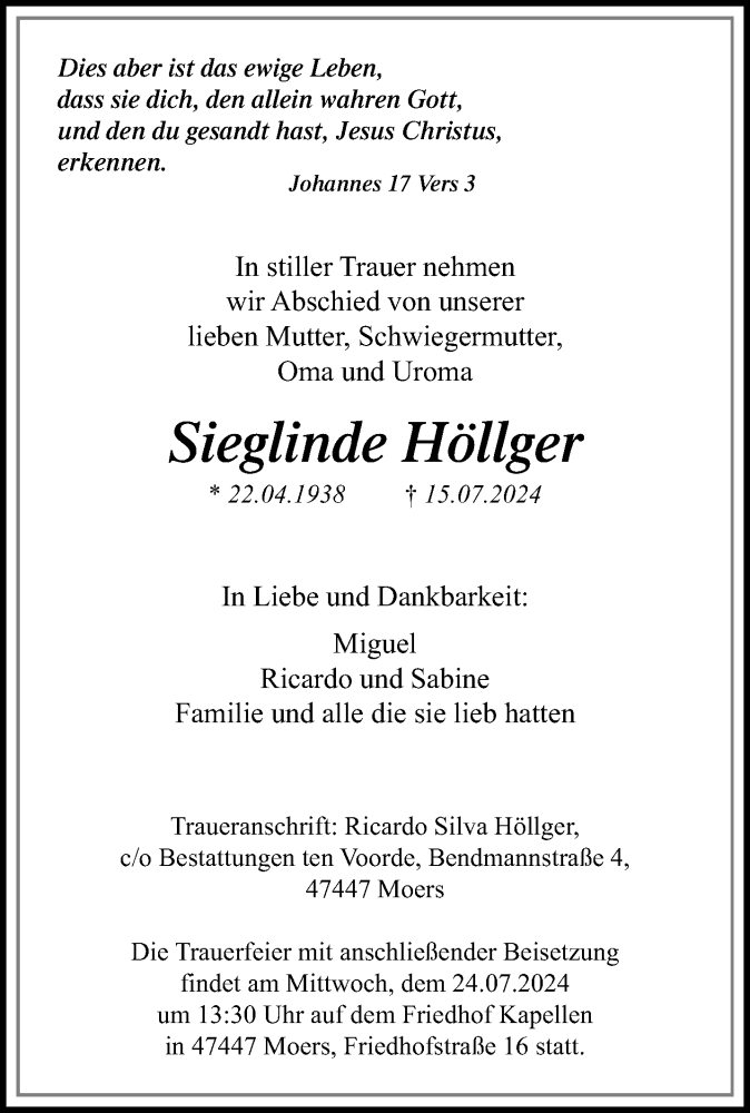  Traueranzeige für Sieglinde Höllger vom 21.07.2024 aus trauer.extra-tipp-moenchengladbach.de