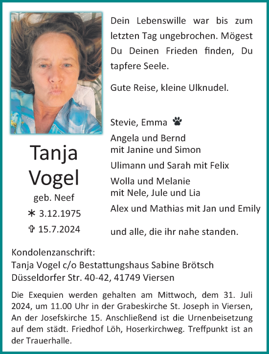 Traueranzeige von Tanja Vogel von trauer.extra-tipp-moenchengladbach.de