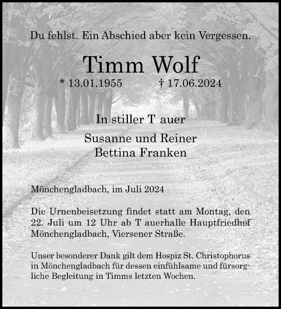 Traueranzeige von Timm Wolf von trauer.extra-tipp-moenchengladbach.de