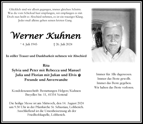 Traueranzeige von Werner Kuhnen von trauer.extra-tipp-moenchengladbach.de