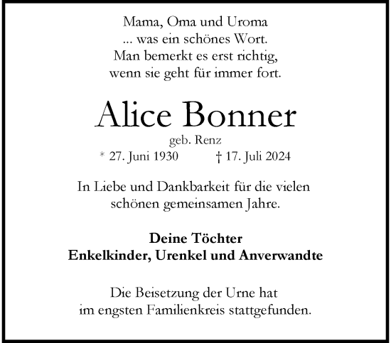 Traueranzeige von Alice Bonner von trauer.wuppertaler-rundschau.de