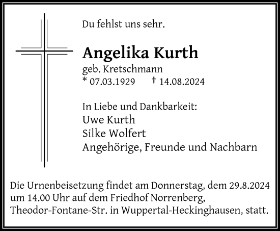 Traueranzeige von Angelika Kurth von trauer.wuppertaler-rundschau.de