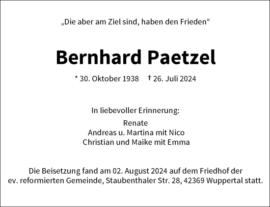 Traueranzeige von Bernhard Paetzel von trauer.wuppertaler-rundschau.de