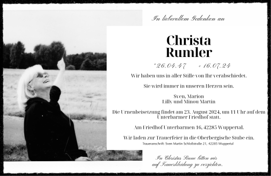 Traueranzeige von Christa Rumler von trauer.wuppertaler-rundschau.de