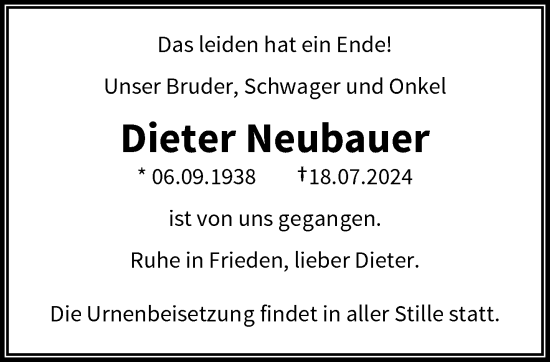 Traueranzeige von Dieter Neubauer von trauer.wuppertaler-rundschau.de