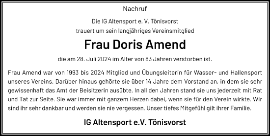 Traueranzeige von Doris Amend von trauer.extra-tipp-moenchengladbach.de