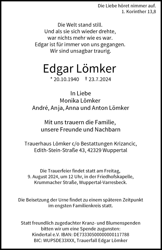 Traueranzeige von Edgar Lömker von trauer.wuppertaler-rundschau.de