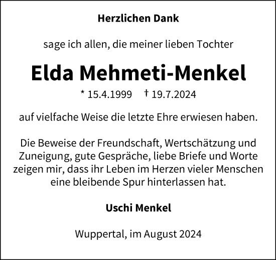 Traueranzeige von Elda Mehmeti-Menkel von trauer.wuppertaler-rundschau.de