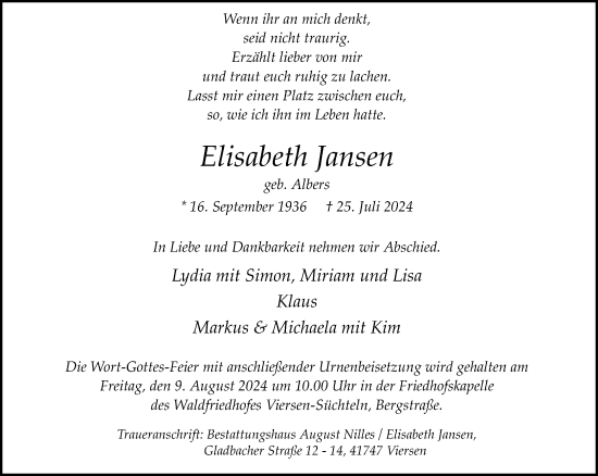 Traueranzeige von Elisabeth Jansen von trauer.extra-tipp-moenchengladbach.de