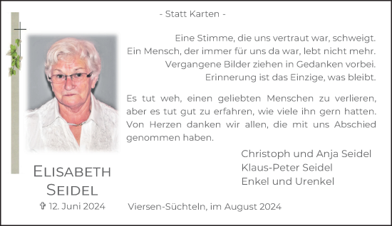 Traueranzeige von Elisabeth Seidel von trauer.extra-tipp-moenchengladbach.de