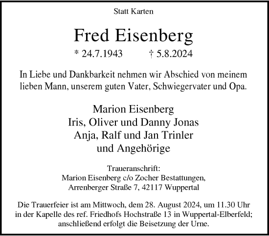 Traueranzeige von Fred Eisenberg von trauer.wuppertaler-rundschau.de