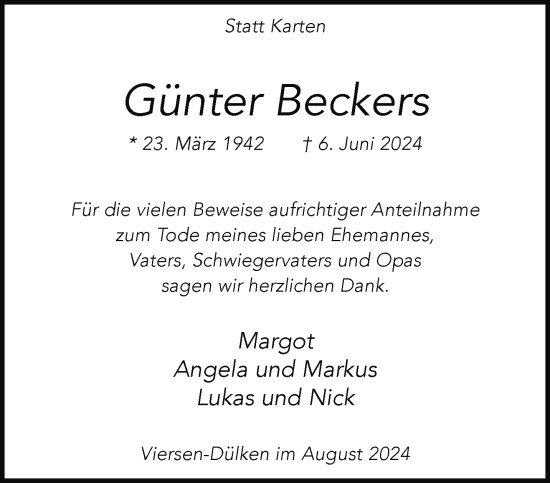 Traueranzeige von Günter Beckers von trauer.extra-tipp-moenchengladbach.de