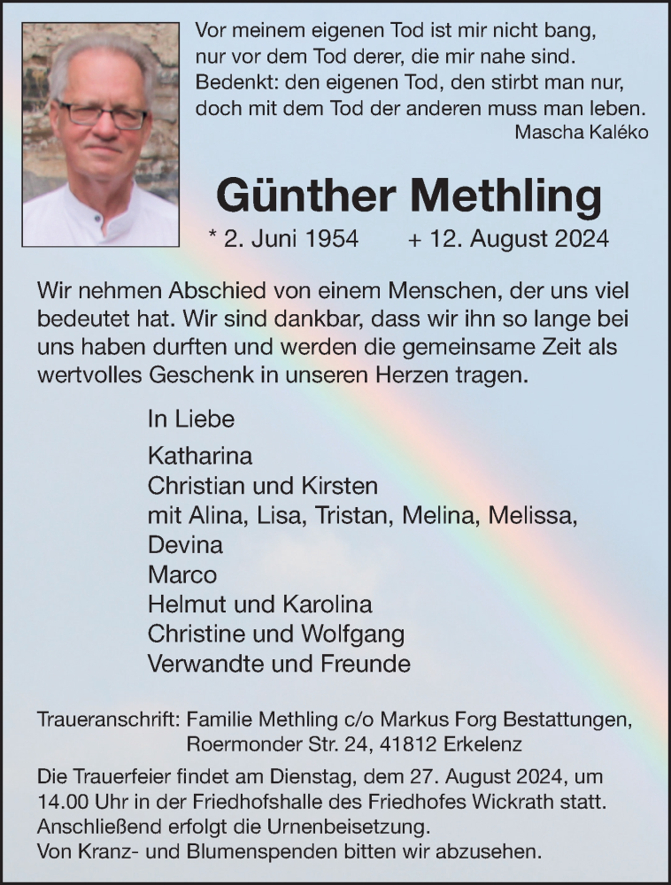  Traueranzeige für Günther Methling vom 18.08.2024 aus trauer.extra-tipp-moenchengladbach.de