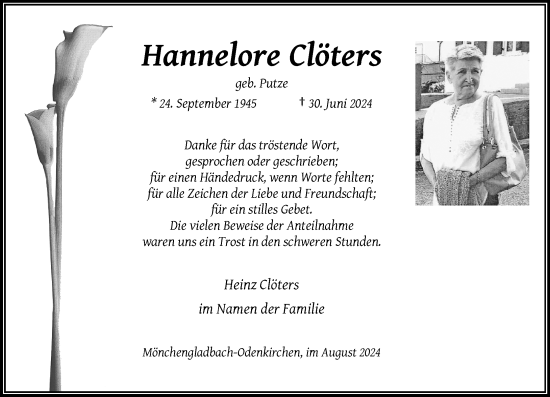 Traueranzeige von Hannelore Clöters von trauer.extra-tipp-moenchengladbach.de