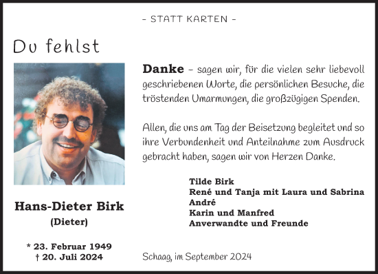 Traueranzeige von Hans-Dieter Birk von trauer.extra-tipp-moenchengladbach.de