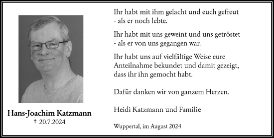 Traueranzeige von Hans-Joachim Katzmann von trauer.wuppertaler-rundschau.de