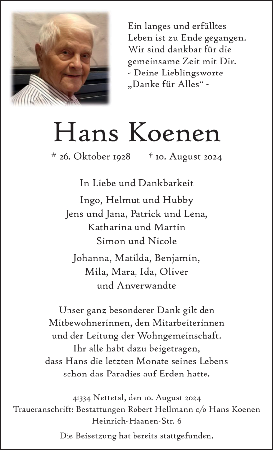 Traueranzeige von Hans Koenen von trauer.extra-tipp-moenchengladbach.de