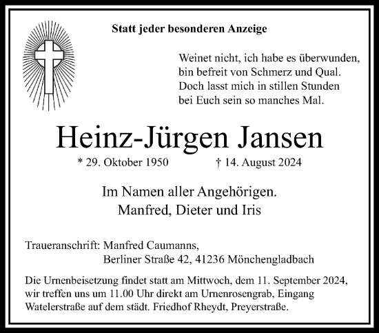 Traueranzeige von Heinz-Jürgen Jansen von trauer.extra-tipp-moenchengladbach.de