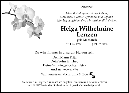 Traueranzeige von Helga Wilhelmine Lenzen von trauer.extra-tipp-moenchengladbach.de