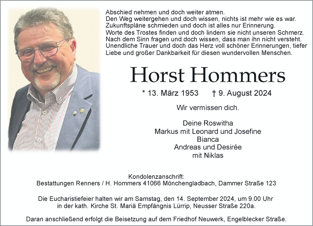  Traueranzeige für Horst Hommers vom 01.09.2024 aus trauer.extra-tipp-moenchengladbach.de