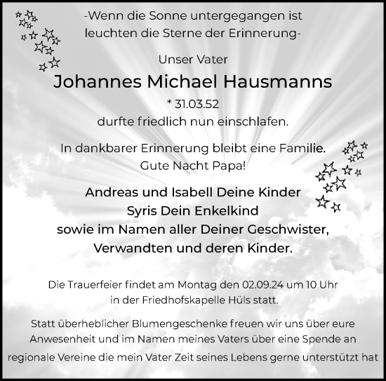 Traueranzeige von Johannes Michael Hausmanns von trauer.extra-tipp-moenchengladbach.de