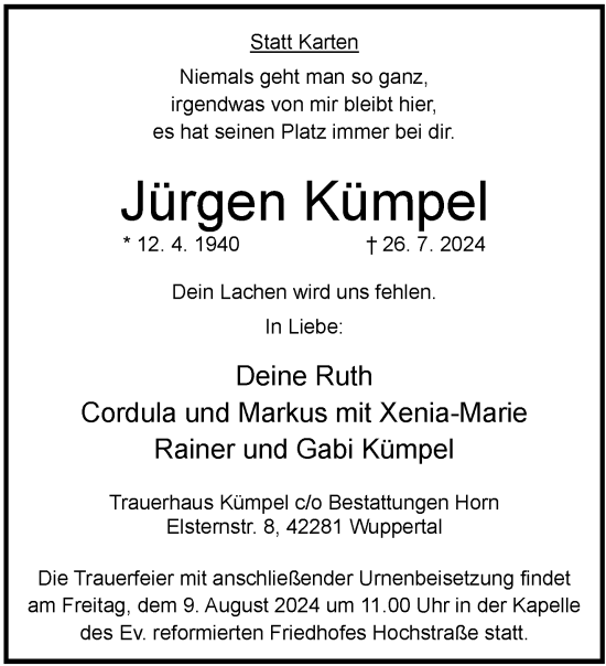 Traueranzeige von Jürgen Kümpel von trauer.wuppertaler-rundschau.de