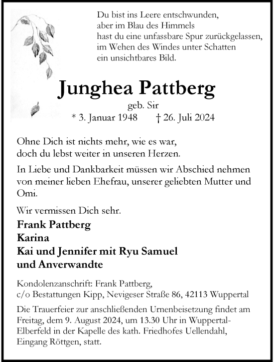 Traueranzeige von Junghea Pattberg von trauer.wuppertaler-rundschau.de