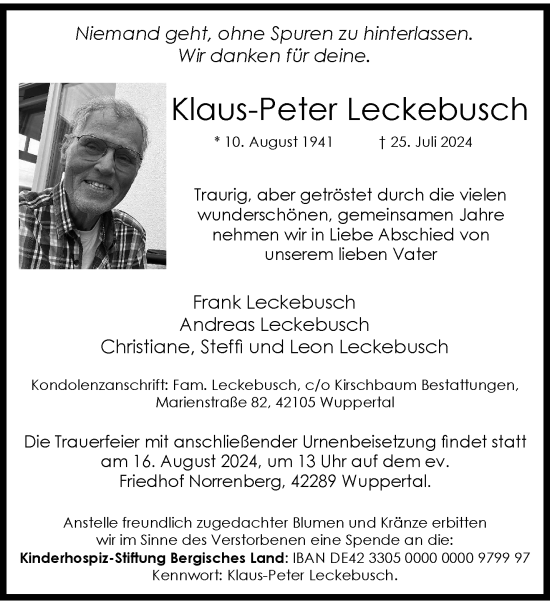 Traueranzeige von Klaus-Peter Leckebusch von trauer.wuppertaler-rundschau.de