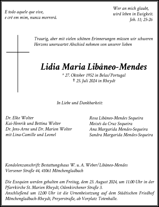 Traueranzeige von Lidia Maria Libaneo-Mendes von trauer.extra-tipp-moenchengladbach.de