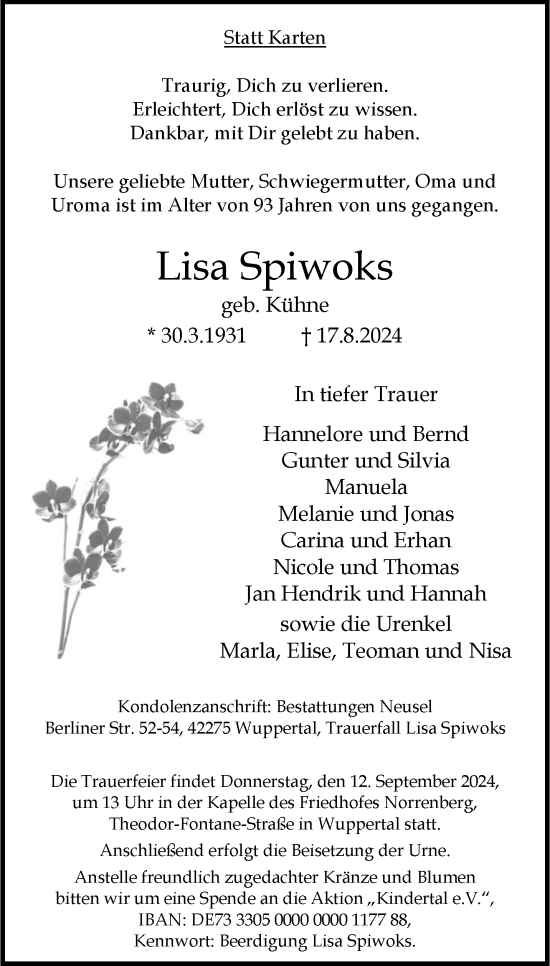 Traueranzeige von Lisa Spiwoks von trauer.wuppertaler-rundschau.de