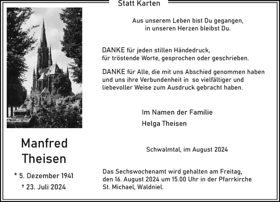 Traueranzeige von Manfred Theisen von trauer.extra-tipp-moenchengladbach.de