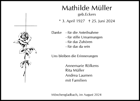 Traueranzeige von Mathilde Müller von trauer.extra-tipp-moenchengladbach.de