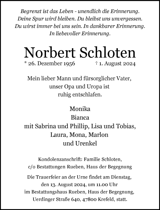 Traueranzeige von Norbert Schloten von trauer.extra-tipp-moenchengladbach.de