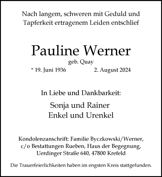 Traueranzeige von Pauline Werner von trauer.extra-tipp-moenchengladbach.de