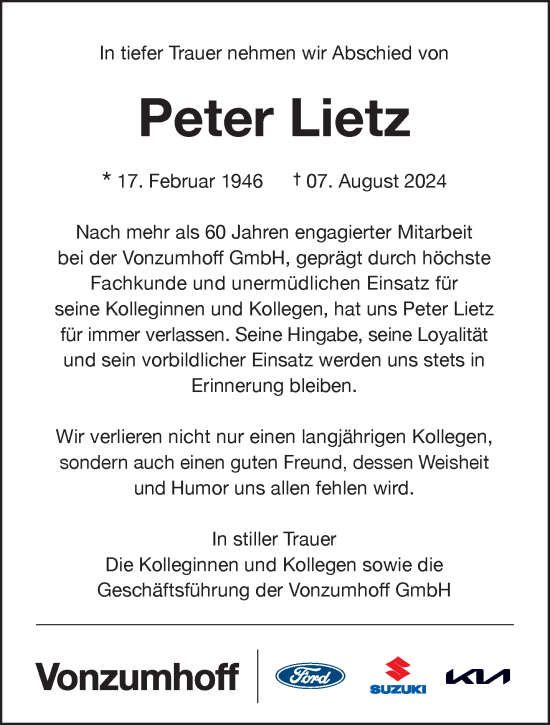 Traueranzeige von Peter Lietz von trauer.wuppertaler-rundschau.de