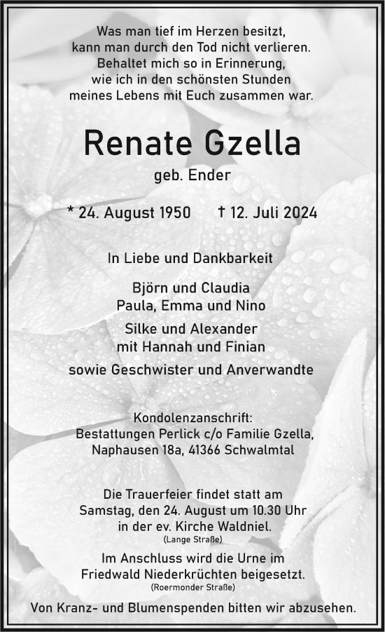 Traueranzeige von Renate Gzella von trauer.extra-tipp-moenchengladbach.de