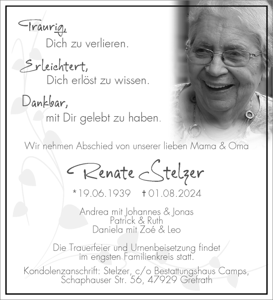 Traueranzeige von Renate Stelzer von trauer.extra-tipp-moenchengladbach.de