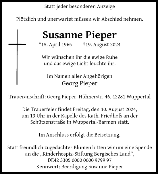 Traueranzeige von Susanne Pieper von trauer.wuppertaler-rundschau.de