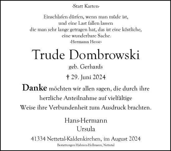 Traueranzeige von Trude Dombrowski von trauer.extra-tipp-moenchengladbach.de