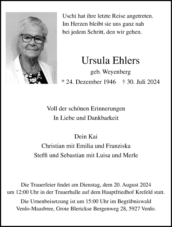 Traueranzeige von Ursula Ehlers von trauer.extra-tipp-moenchengladbach.de